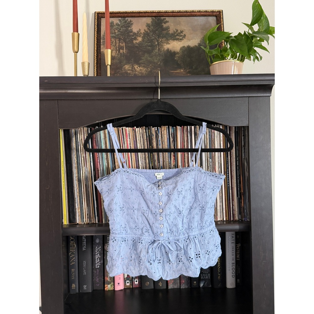 Aerie Cami Tank Top Small Blue Eyelet Embroidered Peplum Boho